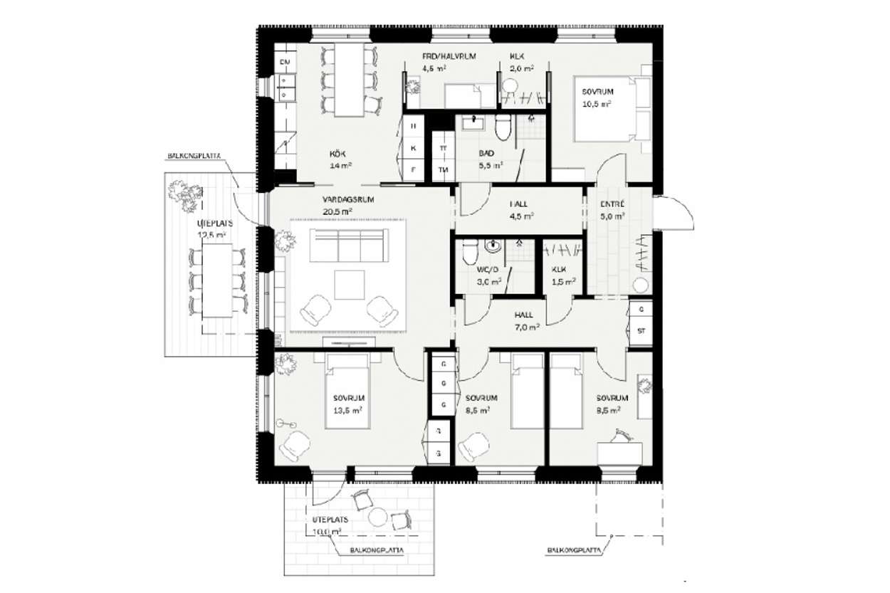 Planlösning 5 rok, 116 kvm, garden apartment