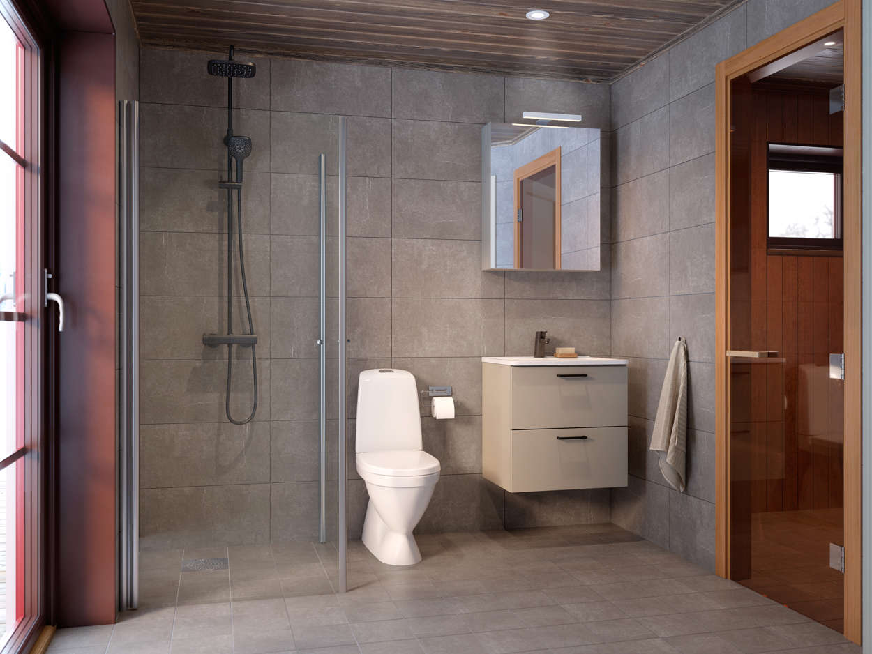 Stilrent badrum med bastu och dörr direkt mot altan